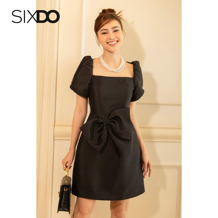 Đầm cổ vuông tay bồng phối nơ eo thời trang SIXDO Square Neck Mini Taffeta Dress