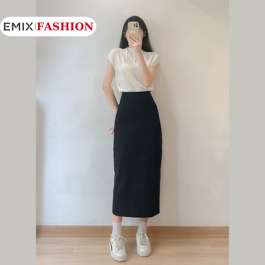 Chân váy midi suông dài EMIX, chất thun co giãn cạp phẳng, ôm body, phong cách Hàn Quốc 257