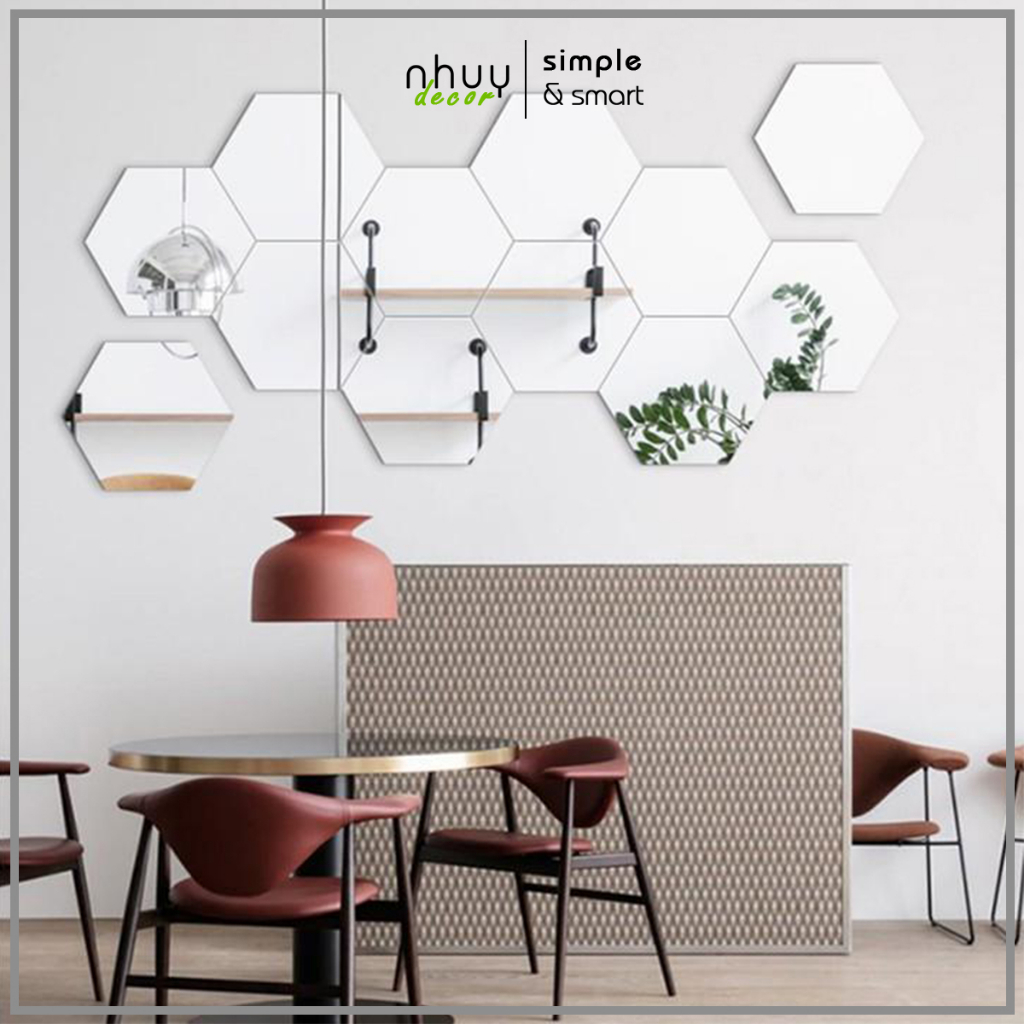 Gương dán tường gương thật, trang trí nhà cửa hình lục giác chất liệu thủy tinh kèm keo 2 mặt siêu dính - Nhu Y Decor