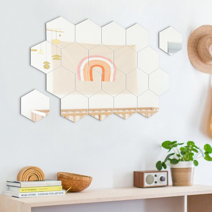 Gương dán tường gương thật, trang trí nhà cửa hình lục giác chất liệu thủy tinh kèm keo 2 mặt siêu dính - Nhu Y Decor