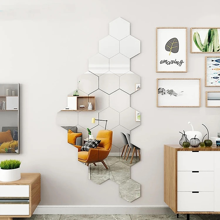 Gương dán tường gương thật, trang trí nhà cửa hình lục giác chất liệu thủy tinh kèm keo 2 mặt siêu dính - Nhu Y Decor