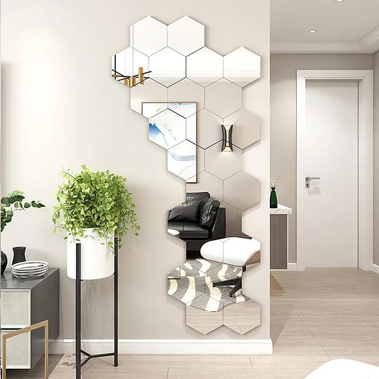 Gương dán tường gương thật, trang trí nhà cửa hình lục giác chất liệu thủy tinh kèm keo 2 mặt siêu dính - Nhu Y Decor