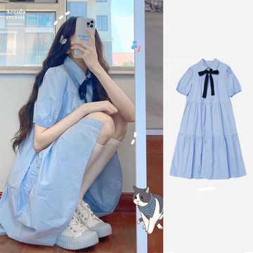 Đầm babydoll cổ sơ mi tặng kèm nơ cổ 7 màu, đầm dạo phố phong cách hàn quốc xuongvnxk