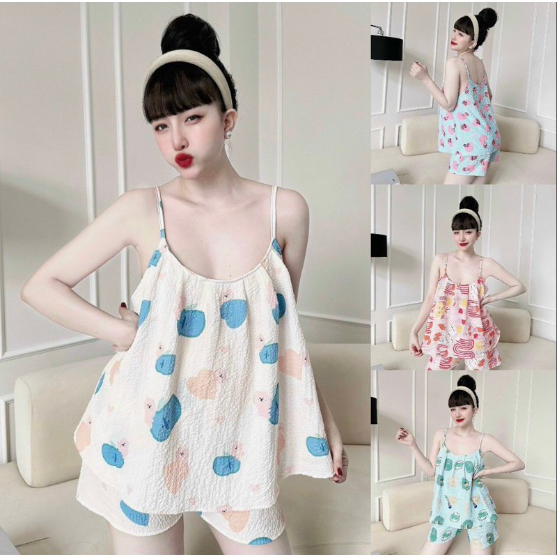 Đồ bộ dây mặc nhà, mặc ngủ đồ 2 dây xếp ly ngực mùa hè