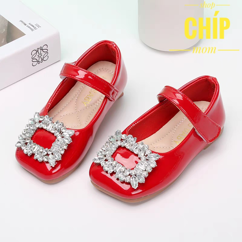 giày búp bê bé gái giày bệt cho bé da bóng mềm đỏ đen trắng không bám bụi êm chân đế dẻo đính đá điệu đà QCCC 986