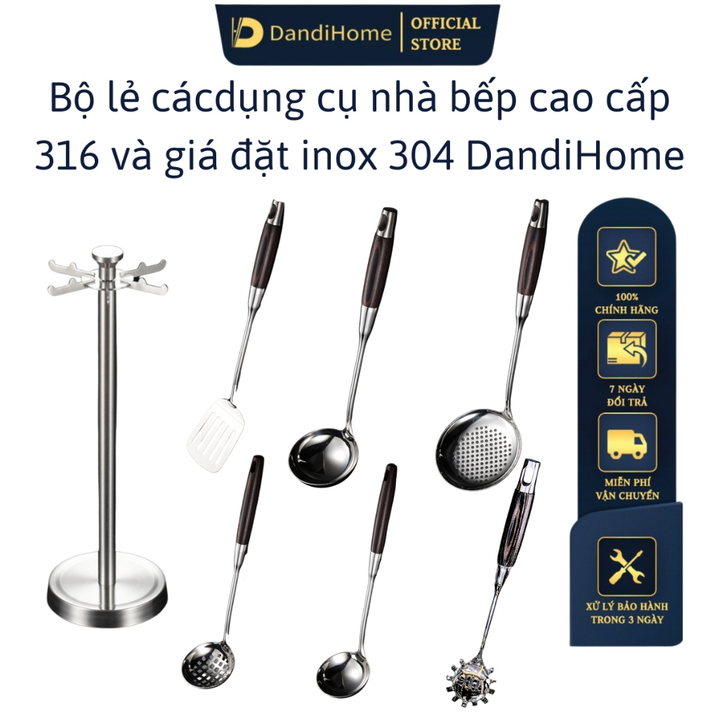 Bộ dụng cụ nhà bếp inox 316 và giá đặt inox 304 DandiHome cao cấp, sang trọng