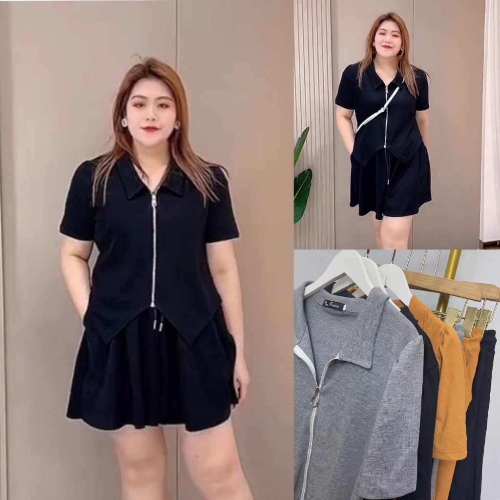 Set Bigsize 2 Món Áo Thun Cổ Bẻ Khóa Kéo Và Quần Lưng Thun Vải Tăm Nhật Mềm Mát SET18