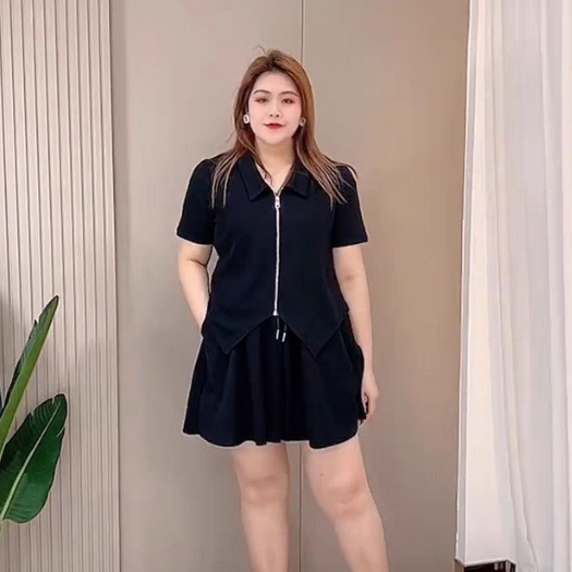 Set Bigsize 2 Món Áo Thun Cổ Bẻ Khóa Kéo Và Quần Lưng Thun Vải Tăm Nhật Mềm Mát SET18