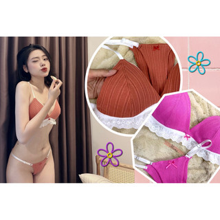 #309 Bộ đồ lót, áo bralette không gọng vải cotton thông hơi Pink