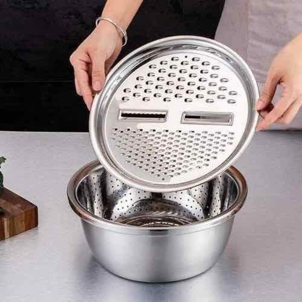 Bộ thau rổ inox đa năng kết hợp dụng cụ bào gọt rau củ quả, loại tốt ...