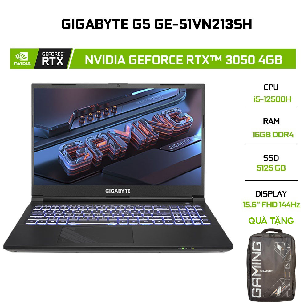 [Mã ELCL12 giảm 12% đơn 10TR] Laptop Gigabyte G5 GE-51VN213SH i5-12500H | 16GB | 512GB | GeForce RTX™ 3050 4GB