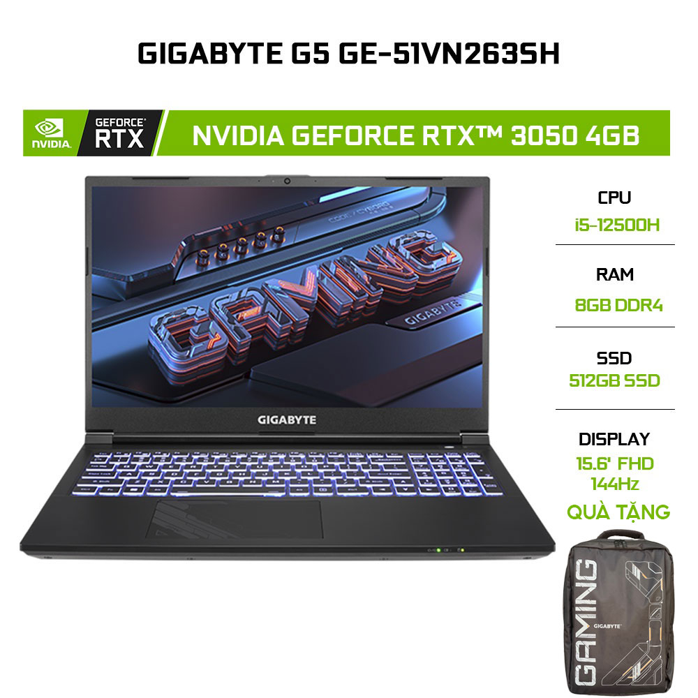 [Mã ELCL12 giảm 12% đơn 10TR] Laptop Gigabyte G5 GE-51VN263SH i5-12500H | 8GB | 512GB | GeForce RTX™ 3050 4GB | 15.6