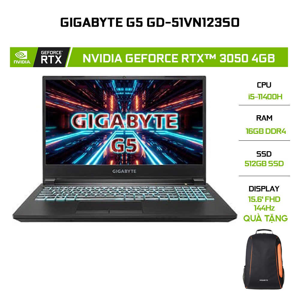 [Mã ELCL12 giảm 12% đơn 10TR] Laptop Gigabyte G5 GD-51VN123SO i5-11400H|16GB|512GB|RTX™ 3050 4GB|15.6 FHD 144Hz