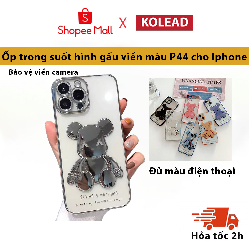 Ốp điện thoại trong suốt hình gấu họa tiết 3D viền màu KOLEAD P44 14 13 11 12 Pro 11Pro MAX 12 11 13 14 Mini Promax plus