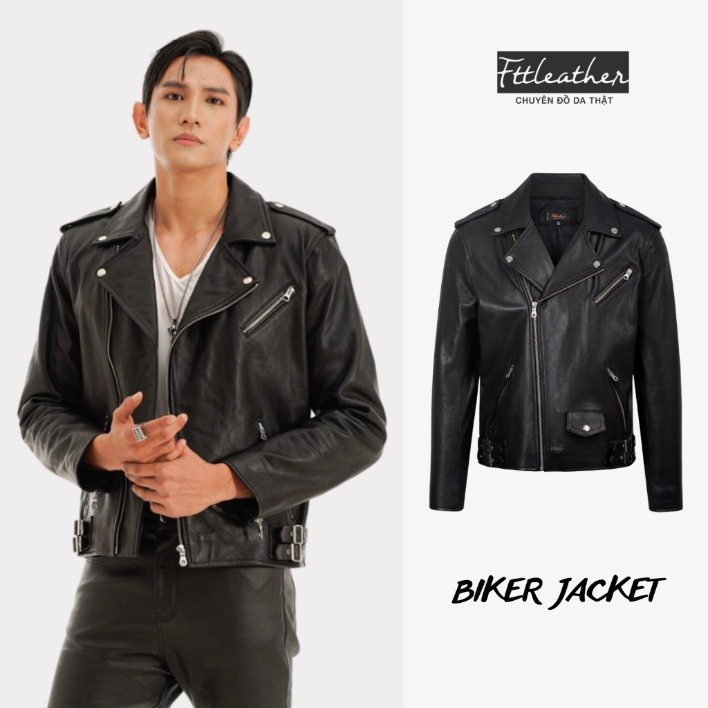 Áo da dê Ftt Leather Biker Jacket suông phối đai hông màu đen