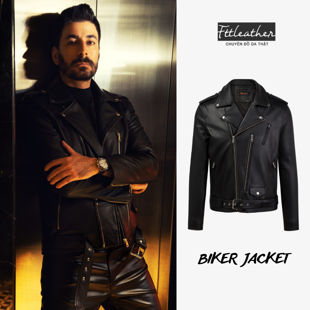 Áo da nam Ftt Leather Biker Jacket chất liệu da dê phối khóa dọc double rider 100% da thật