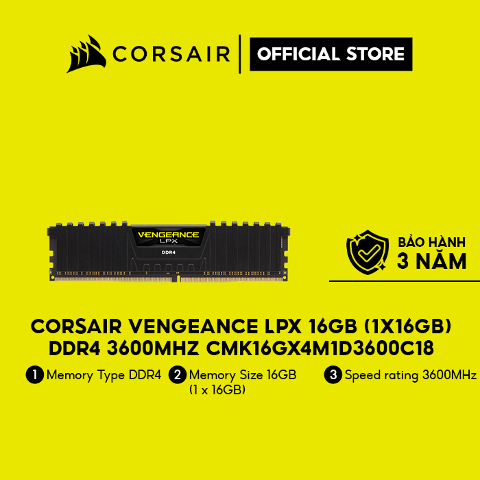[Mã ELCL7 giảm 7% đơn 300K] Ram Desktop Corsair Vengeance LPX (CMK16GX4M1D3600C18) 16GB (1x16GB) DDR4 3600MHz