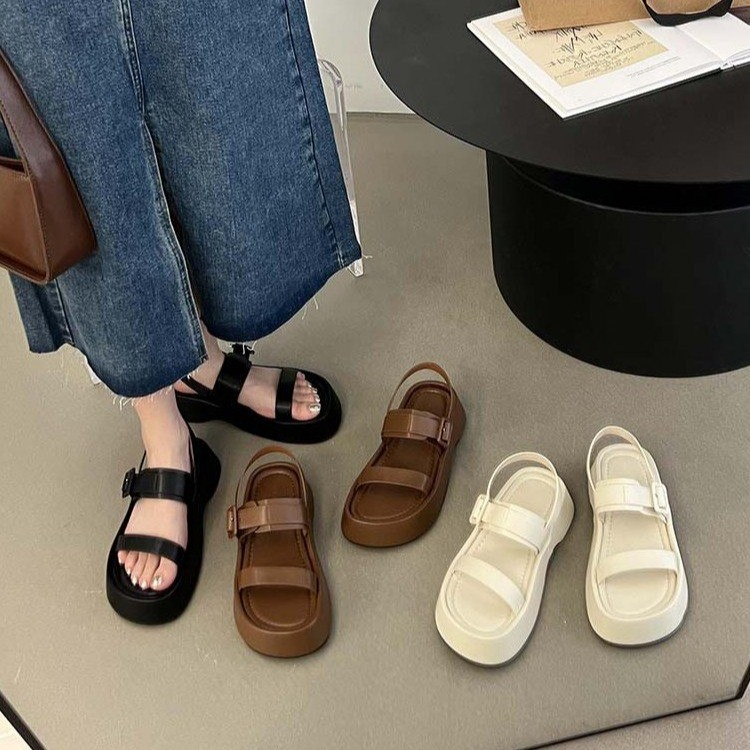JINxCHOY SHOES Mùa hè 4CM Dép đế dày Vintage Casual La Mã Sandals Thời trang đơn giản màu 100 đáp ứng sinh viên hàng ngày bên ngoài mang dép mát