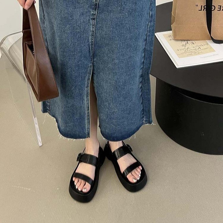 JINxCHOY SHOES Mùa hè 4CM Dép đế dày Vintage Casual La Mã Sandals Thời trang đơn giản màu 100 đáp ứng sinh viên hàng ngày bên ngoài mang dép mát