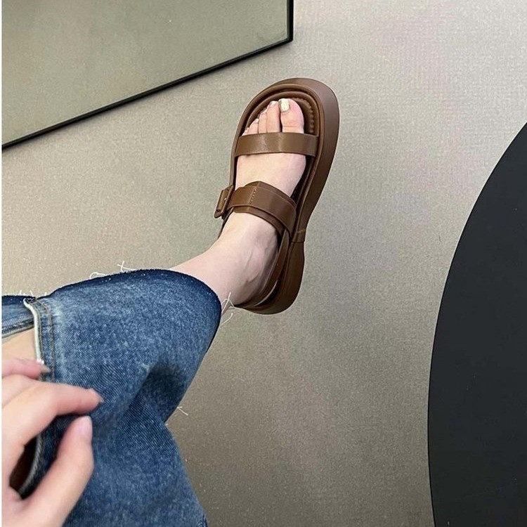 JINxCHOY SHOES Mùa hè 4CM Dép đế dày Vintage Casual La Mã Sandals Thời trang đơn giản màu 100 đáp ứng sinh viên hàng ngày bên ngoài mang dép mát