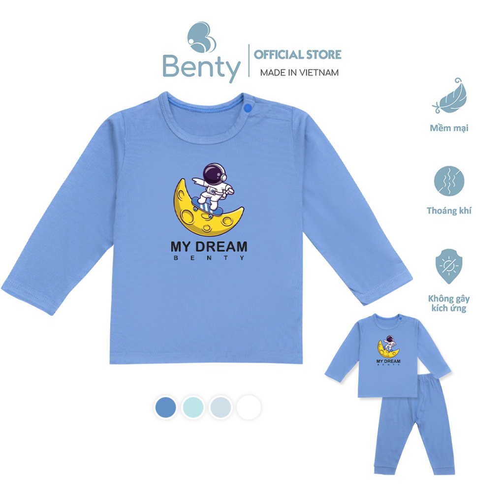 Bộ dài tay cài vai in hình vũ trụ cotton mềm mịn BENTY BT004, đồ bộ trẻ em an toàn cho da bé
