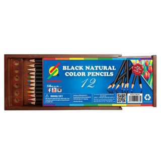 Bút chì màu hộp gỗ thân đen 12 màu, bút màu, màu vẽ - COLORMATE