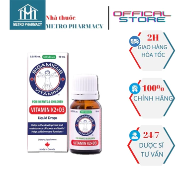 Bioamicus Vitamin D3 - Vitamin K2+ D3 -Tăng khả năng hấp thu canxi cho xương chắc khỏe, chống còi xương-Nhập khẩu Canada