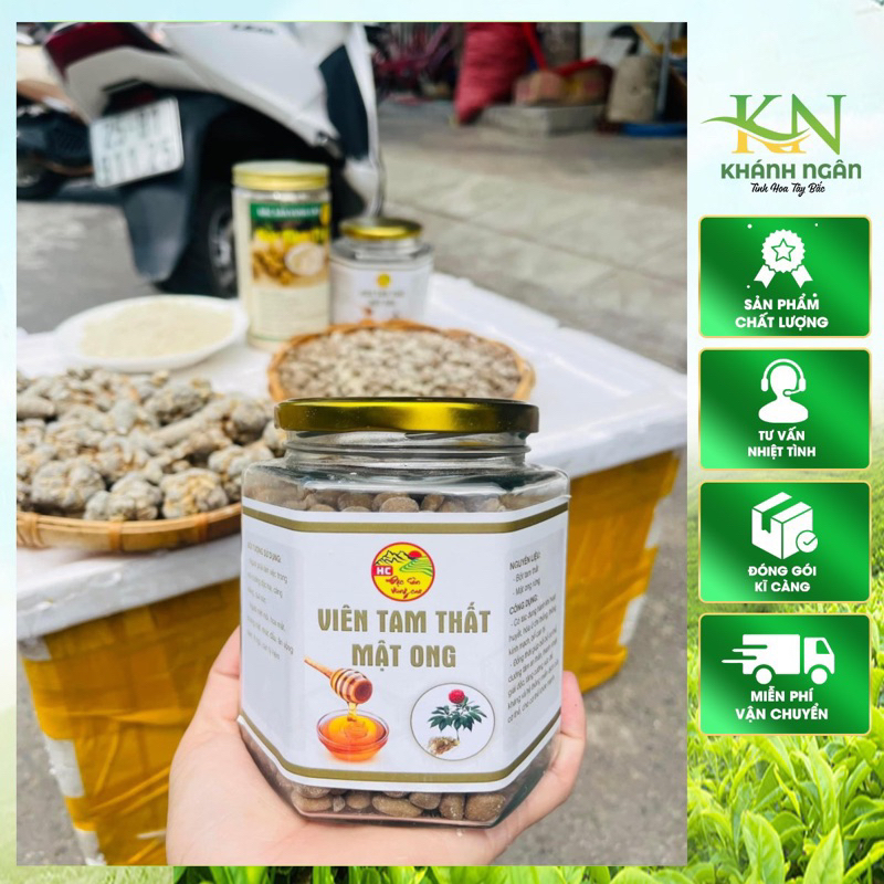 Viên Tam thất Mật ong (Hũ 500g) được bào chế từ củ tam thất bắc, ngưu tất và mật ong rừng, thủ công, không chất bảo quản