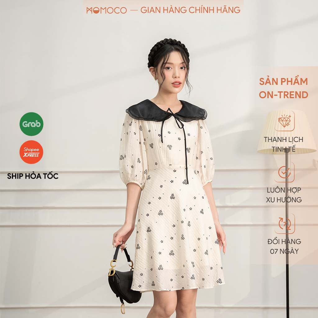 Váy Xòe Tay Bồng MOMOCO Cổ Voan Trong Chất Liệu Tơ Thanh Lịch, Trẻ Trung M2987