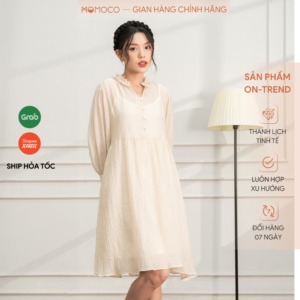 Váy Babydoll MOMOCO Thiết Kế Cổ Tàu Gắn Bèo Chất Liệu Tơ Nhăn, Dịu Dàng M3000
