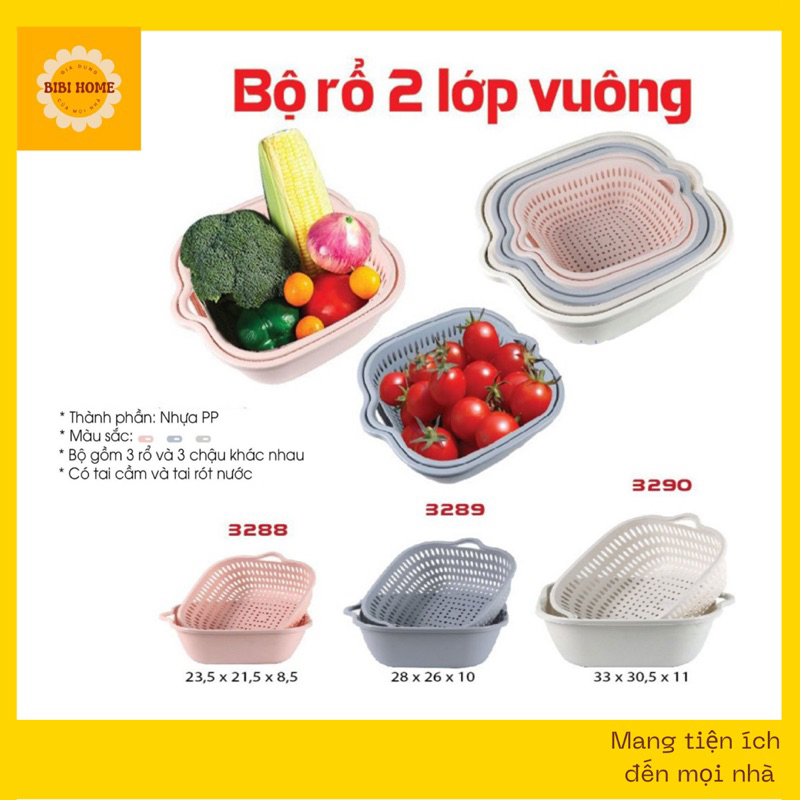 Bộ rổ rửa đựng rau củ quả kèm chậu có 2 lớp tiện ích, Bộ 3 rổ vuông ...