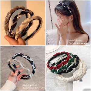 Cài tóc vải thiết kế phối dây ngọc trai sang trọng, băng đô bờm tóc tết dễ thương phụ kiện tóc xinh xắn
