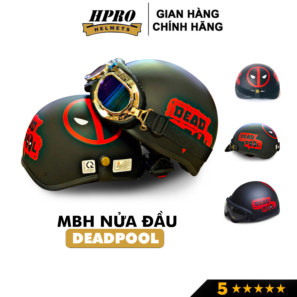 Mũ bảo hiểm nửa đầu Hpro Helmet, nón Deadpool thời trang 1/2 Freesize (55-59cm), kèm kính UV,phi công,an toàn,chất lượng