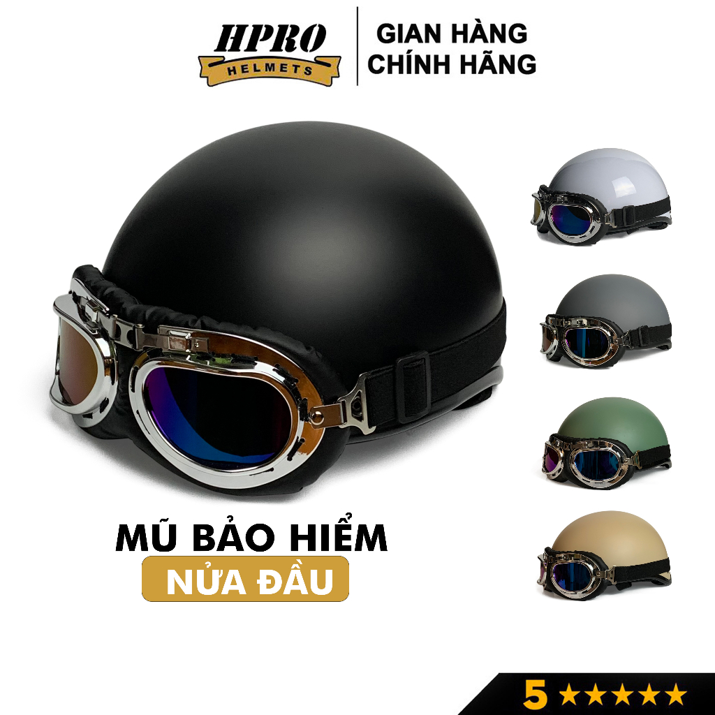 Mũ bảo hiểm nửa đầu Hpro Helmets nhiều màu sắc thời trang, cá tính, kèm kính UV, phi công, Freesize (55-59cm)