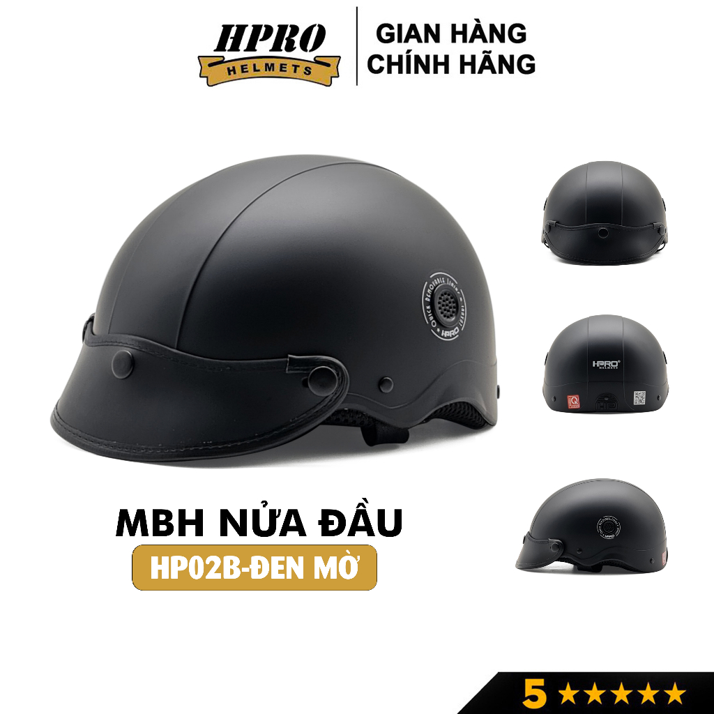 Mũ bảo hiểm nửa đầu Hpro helmet, kiểu dáng thời trang, màu đen mờ cá tính mạnh mẽ, Freesize(55-59cm)