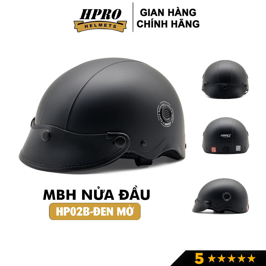 Ảnh Mũ bảo hiểm nửa đầu Hpro helmet, kiểu dáng thời trang, màu đen mờ cá tính mạnh mẽ, Freesize(52-56cm) 1