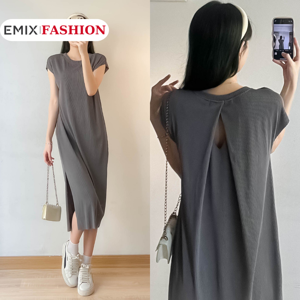 Váy suông dáng dài EMIX, chất tăm ly tay hến, cổ tròn, freesize dưới 57kg, phong cách Hàn Quốc D381