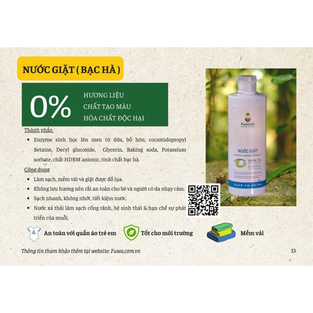 Nước Giặt Hữu Cơ Fuwa3e Organic Sinh Học 500ml bạc hà, cam 100% thiên nhiên