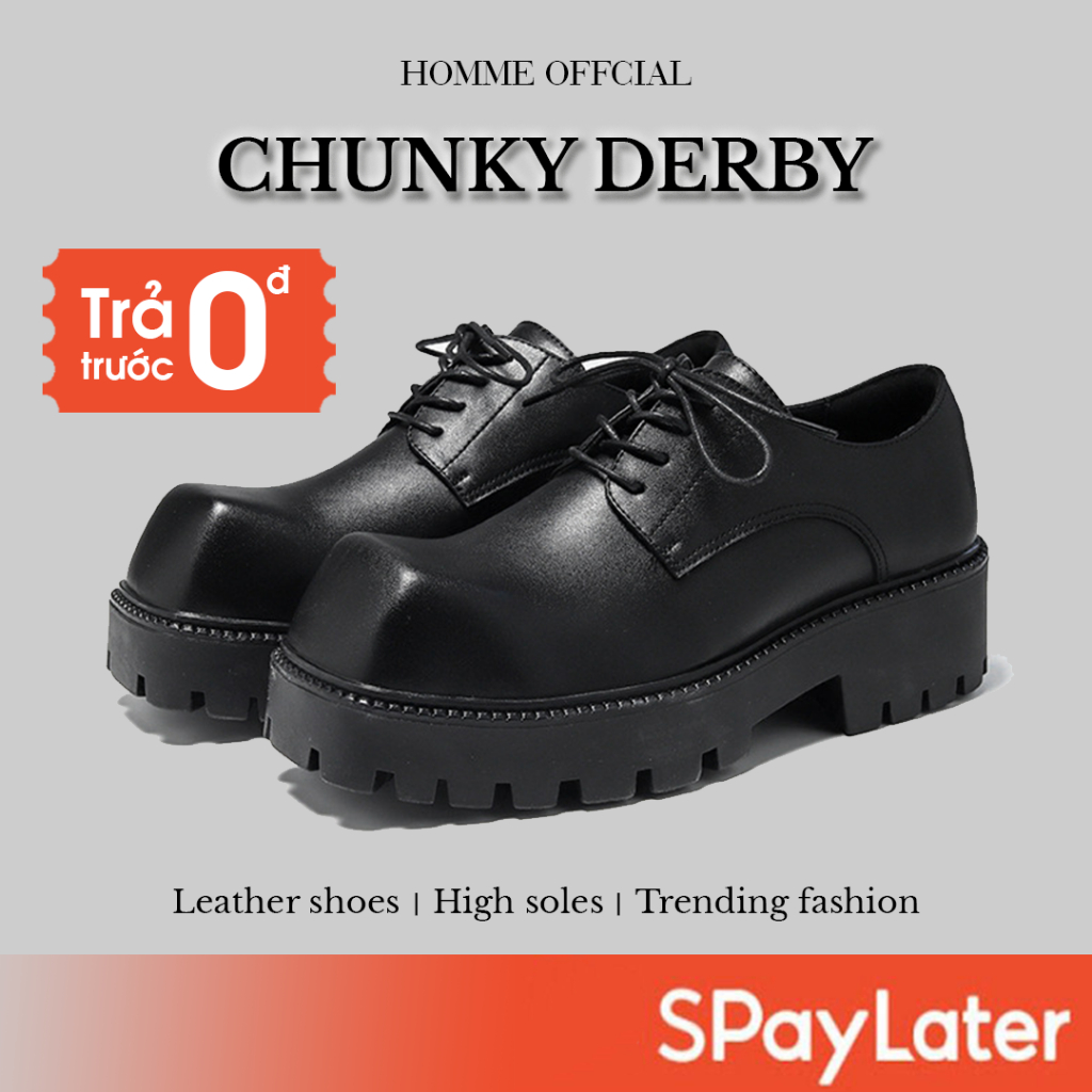 Giày Chunky Derby mũi vuông đế cao Giày da nam HOMME tăng 5cm chiều