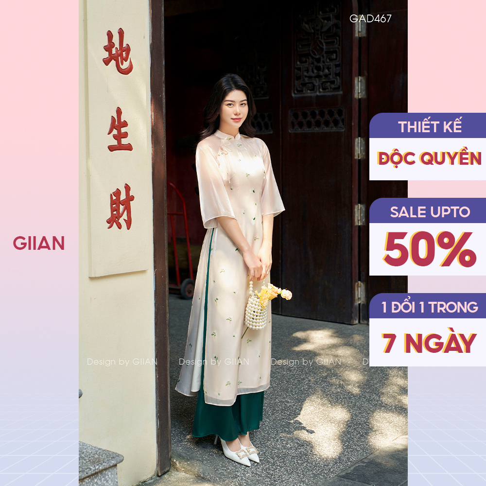 Áo dài cách tân hoa nhí phồi tay loe đính nơ ngực cách điệu chất liệu tơ mềm mịn chính hãng Giian - GAD467