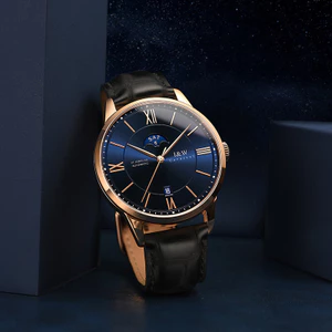 Đồng hồ nam chính hãng I&W Carnival 528G-D2 Kính sapphire,Chống nước ,BH 24 tháng,Máy cơ (Automatic),mặt xanh dây da đen