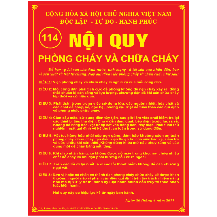Bảng nội quy và tiêu lệnh chữa cháy kích thước 30x40 IN UV chống nước bảo hành 10 năm