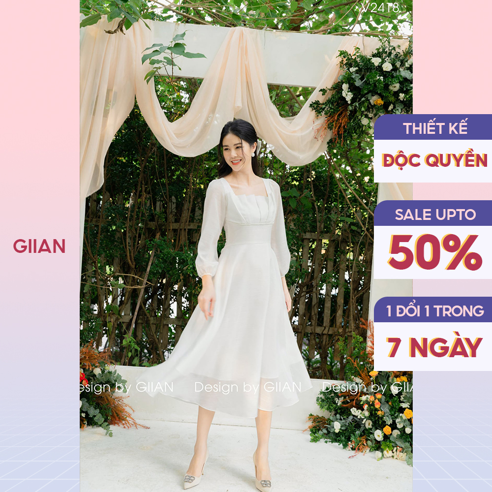Váy dự tiệc cưới dáng dài đuôi xoè sang chảnh, đầm trắng tay bồng công chúa cổ vuông đính ngọc chính hãng Giian - GV2418