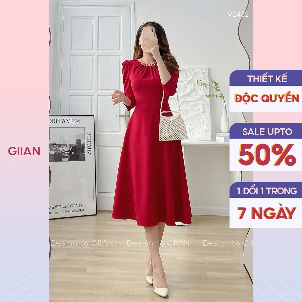 Váy dự tiệc đỏ dáng dài thiết kế tay bồng cổ tròn đính ngọc 2 lớp cao cấp chính hãng Giian - GV2432