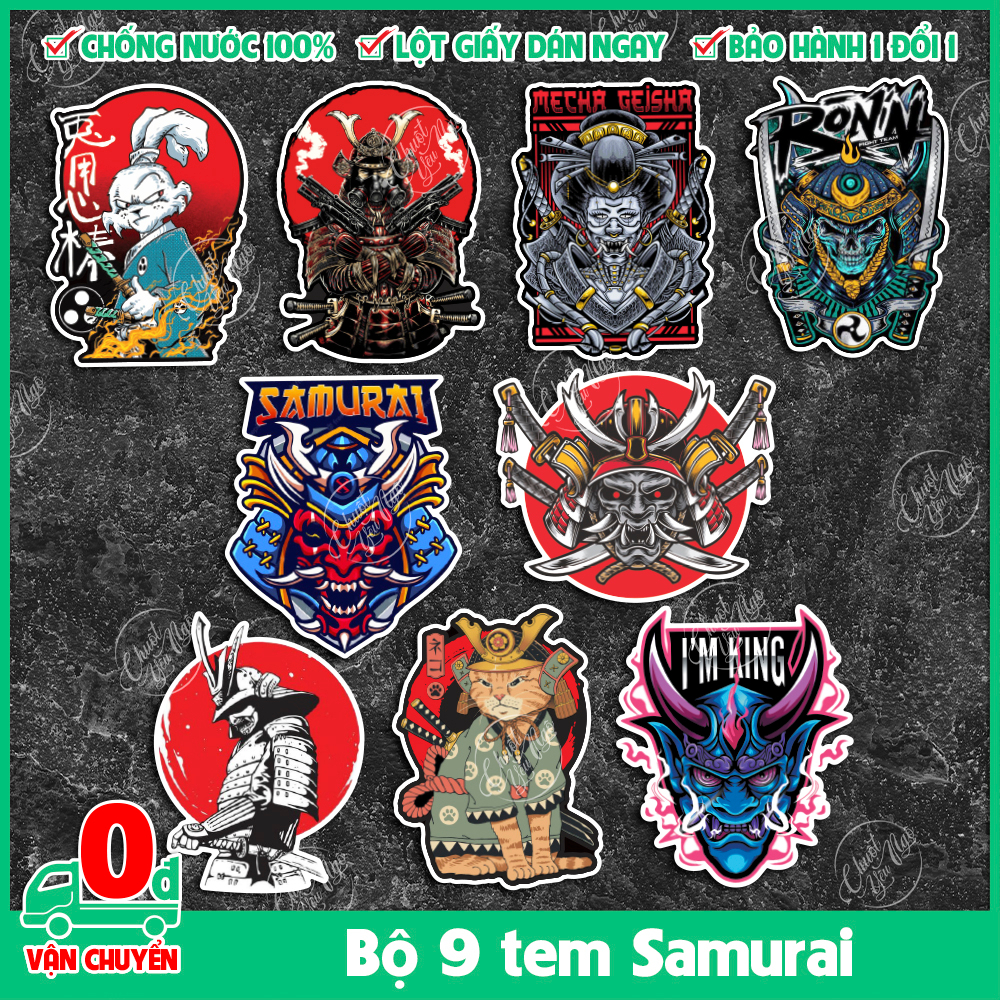 Bộ 9 sticker Samurai võ sĩ Nhật Bản saburau ác quỷ decal tem xe hình ...