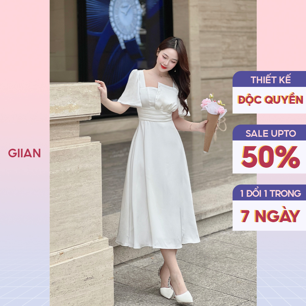Váy lụa trắng dáng dài thiết kế tay bồng nhún ngực cách điệu chính hãng Giian - GV2677