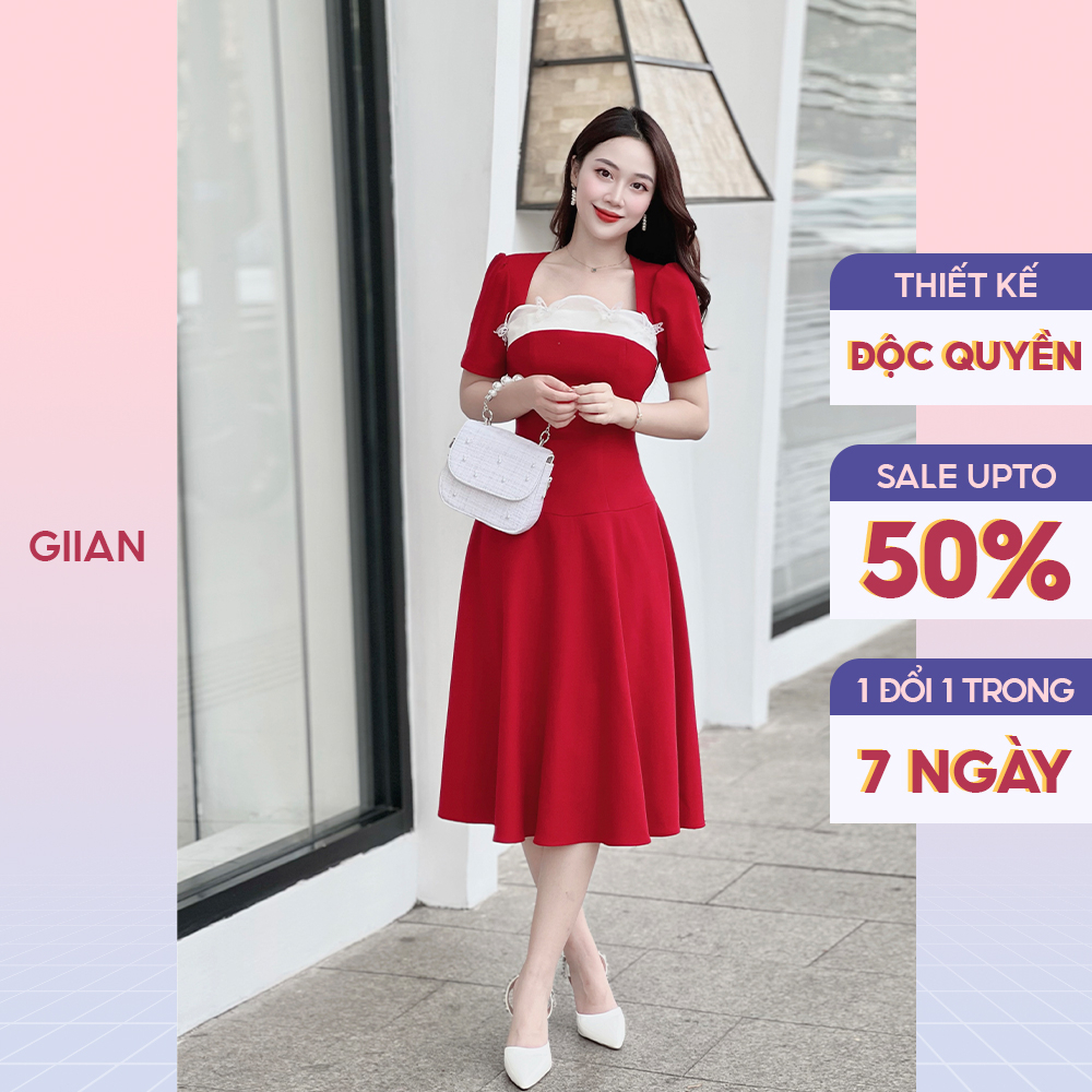 Váy dáng dài xòe đỏ thiết kế tay bồng ngực đính họa tiết chính hãng Giian - GV2678