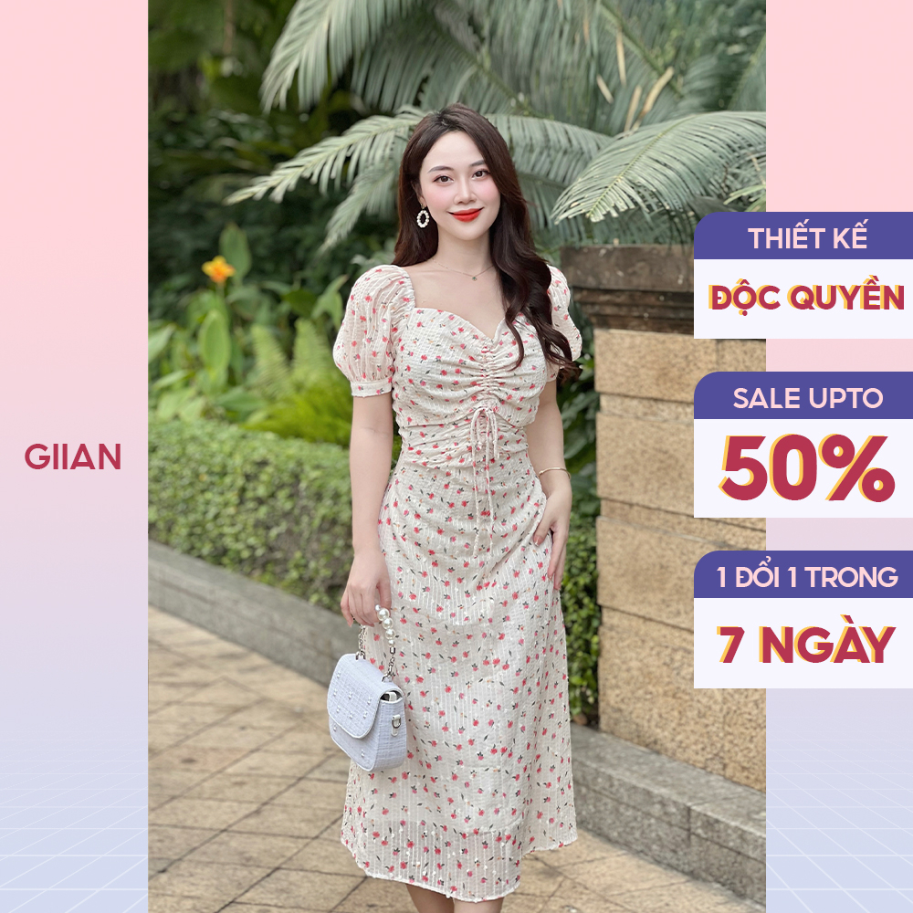 Váy dáng dài hoa nhí tay bống thiết kế khoét ngực rút dây cách điệu chính hãng Giian - GV2693