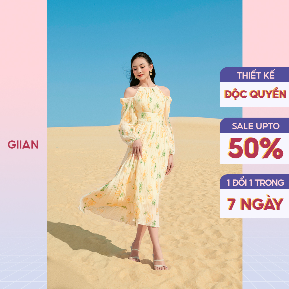 Váy đi biển dáng dài maxi ren cổ yếm khoét vai phối viền ren cách điệu thương hiệu Giian - GV2689