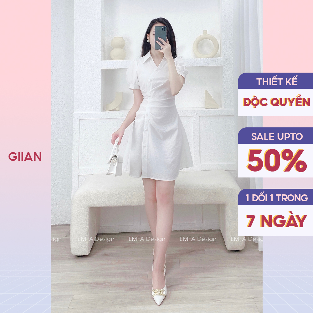 Váy trắng sơ mi trắng thắt eo tay bồng thiết kế đính ngọc cách điệu chính hãng Giian - GV2313TR